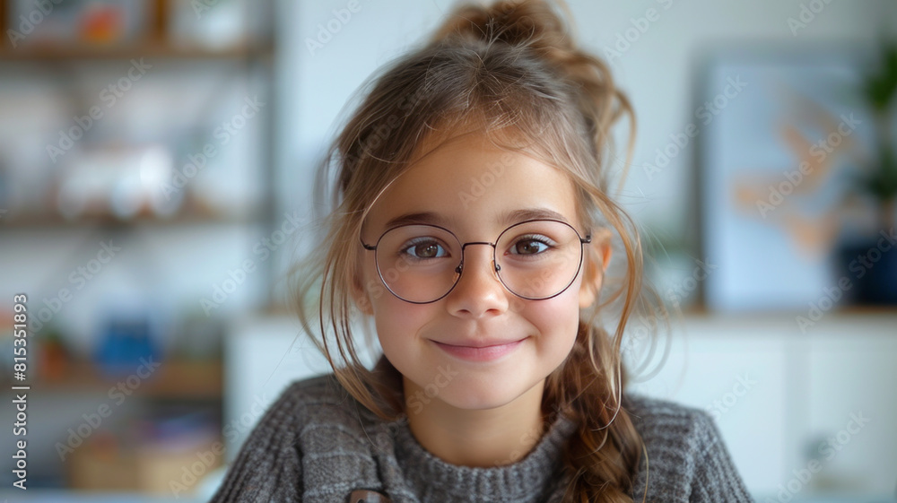 young girl with glasses doing homework on a white table, smiling,generative ai young girl with glasses doing homework on a white table, smiling,generative ai