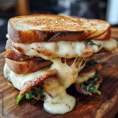 Una imagen de lado de un delicioso sandwich con queso derretido photo