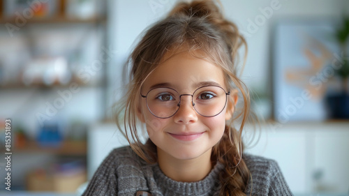 young girl with glasses doing homework on a white table  smiling generative ai