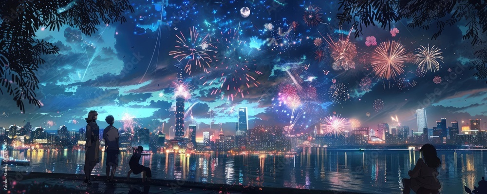A night cityscape panorama featuring a skyline, fireworks in the sky, and friends enjoying the view from a park