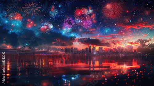A night city panorama featuring a modern skyline  fireworks lighting up the sky  and a beautifully lit bridge enhancing the scene