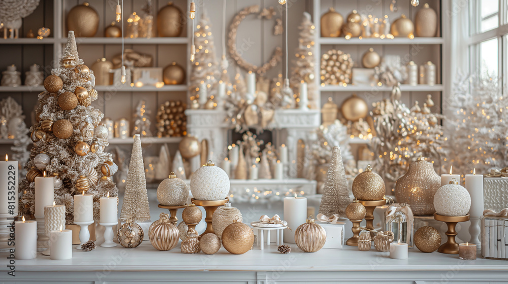 The photo shows a lot of Christmas decorations in gold and white colors. There are Christmas trees, candles, and balls.