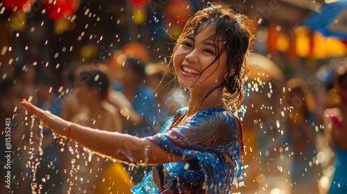 Young girls in colorful traditional dresses dancing and splashing water in a sunlit  outdoor setting  capturing a moment of joy and cultural celebration.