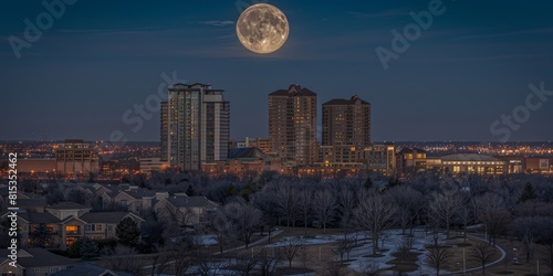 Moonlit Night Over Urban Skyline: Majestic Full Moon and Silhouetted City Towers photo