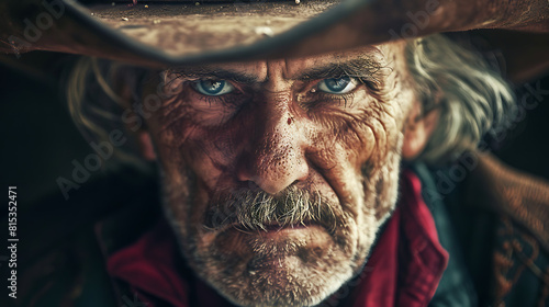 Wise older man with penetrating gaze and cowboy hat, cowboy portrait with wrinkles on his face, Dark tone