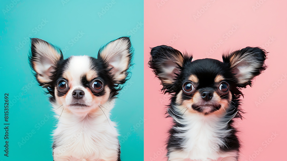 Small Puppy Chihuahua with Blue and Pink Background, Adorable Tricolor Chihuahua Small Puppy Chihuahua with Blue and Pink Background, Adorable Tricolor Chihuahua