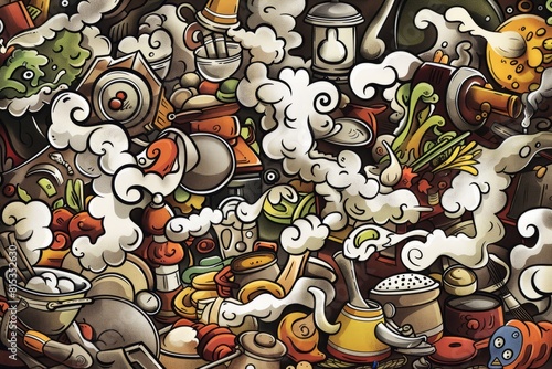 Cartoon cute doodles of a bustling kitchen filled with pots  pans  and utensils  as chefs create culinary masterpieces amidst clouds of  Generative AI