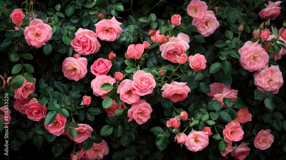 A stunning display of Rosa Damascena commonly known as Damask roses blooming vibrantly against a dark backdrop Picture a lush bush adorned with delicate pink petals enveloped in a rich roman A stunning display of Rosa Damascena commonly known as Damask roses blooming vibrantly against a dark backdrop Picture a lush bush adorned with delicate pink petals enveloped in a rich roman