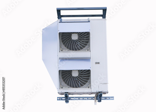 Structure big air conditioner compressor source heat pumps isolated on white background. Attaches to side of building for cooling industrial plant. Cooling pump technology for home or office.