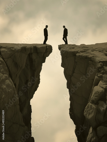 The unbridgeable gap, the gap between businesses, connection, businesss concept, separation, distance, misunderstanding, division, cliffs, two businessmen photo