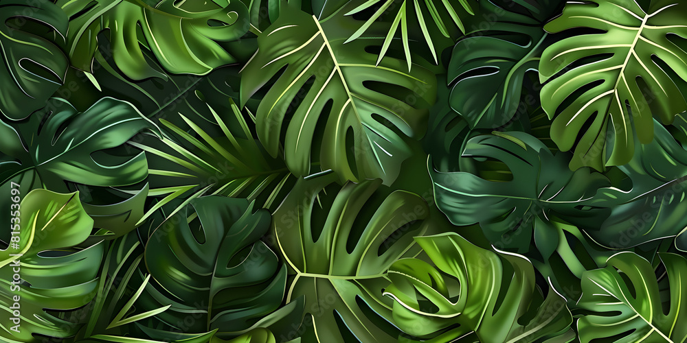Abstract foliage and botanical background with green tropical forest wallpaper of monstera leaves, palm leaf, and branches in hand drawn pattern. Suitable for banner, prints, decor, and wall art. Abstract foliage and botanical background with green tropical forest wallpaper of monstera leaves, palm leaf, and branches in hand drawn pattern. Suitable for banner, prints, decor, and wall art.