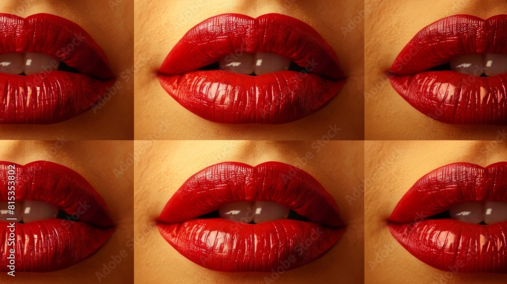 Obraz premium Many red lips again in yellow background pattern, wallpaper with copy space, luxury brand advertising