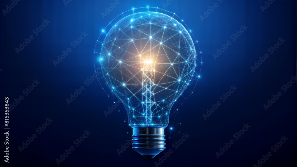 Electric light bulb bright polygonal connections on a dark blue background. Technology concept innovation artificial intelligence brainstorming business success Electric light bulb bright polygonal connections on a dark blue background. Technology concept innovation artificial intelligence brainstorming business success