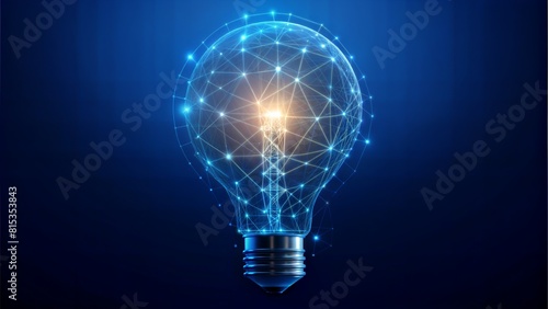 Electric light bulb bright polygonal connections on a dark blue background. Technology concept innovation artificial intelligence brainstorming business success