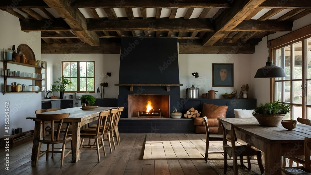 A stylish spacious kitchen and living room with a cozy farmhouse aesthetic A stylish spacious kitchen and living room with a cozy farmhouse aesthetic