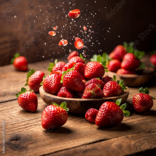 ai images a few Strawberry and its sliced are falling down to the table