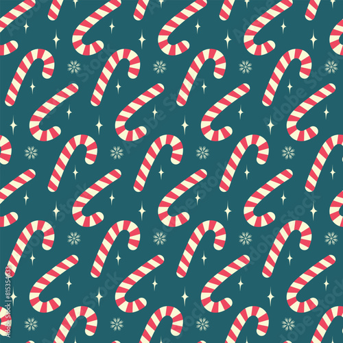 Candy Canes Snowflakes Decorative Stars Seamless pattern on Dark Background Christmas greeting idea