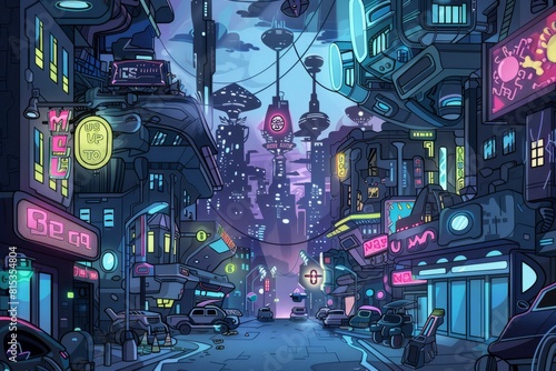Cartoon cute doodles of a futuristic cityscape filled with neon lights, flying cars, and towering skyscrapers, creating a dazzling display of, Generative AI