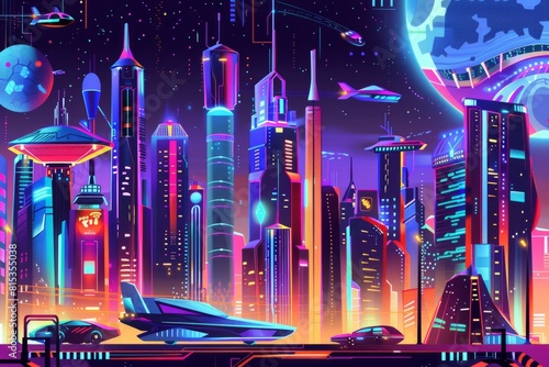 Cartoon cute doodles of a futuristic cityscape filled with neon lights, flying cars, and towering skyscrapers, creating a dazzling display of, Generative AI