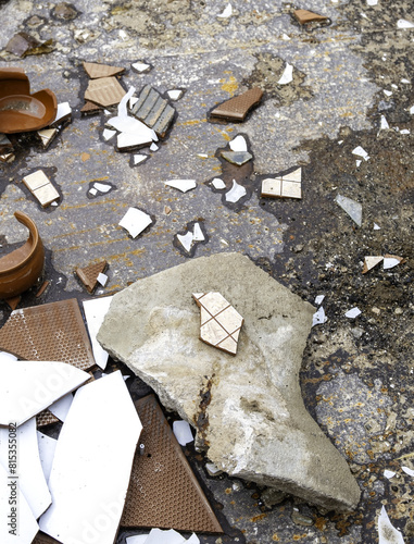 Debris of broken tiles