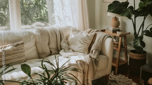 Great as Interior Furniture Design Inspiration Minimal Modern Elegant Neutral Cozy White Scandinavian Living Room with Sofa and Plants Soft Earthy Colors