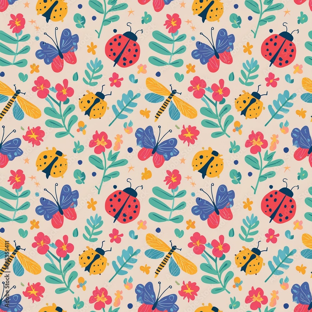 a playful pattern of various insects, such as ladybugs, bees, and dragonflies a playful pattern of various insects, such as ladybugs, bees, and dragonflies