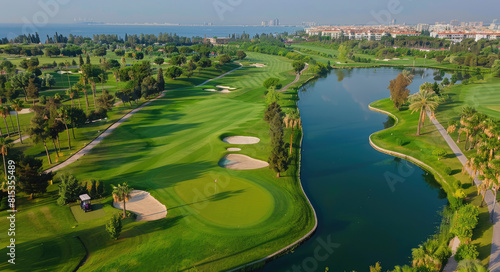 A wideangle view of the golf course at Kip vign damun in antalya  with lush green grass and sand bcrete