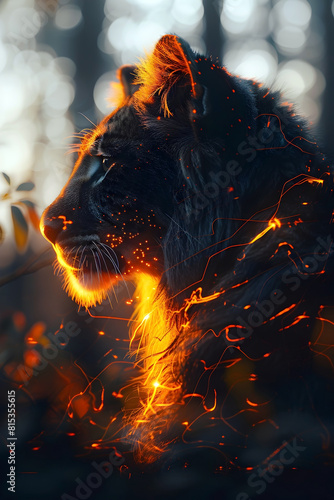 Captivating Cyborg Lion Silhouette Blended Into Vibrant African Forest Sunrise with Details