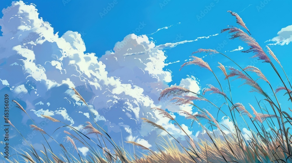 Fototapeta premium In the morning as winter approaches the bright blue sky is adorned with large white clouds swaying grass in the wind