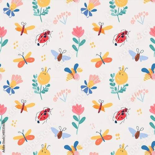 a playful pattern of various insects, such as ladybugs, bees, and dragonflies © esmiloenak