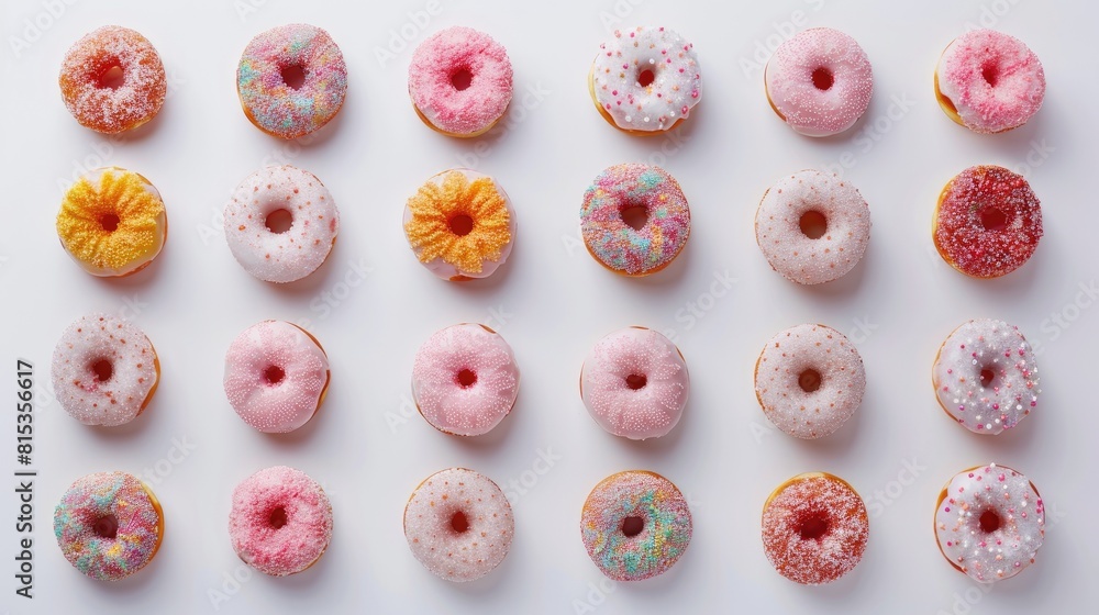 A delightful array of candy coated mini donuts artfully arranged in a square pattern captured in a top down view against a crisp white background A delightful array of candy coated mini donuts artfully arranged in a square pattern captured in a top down view against a crisp white background