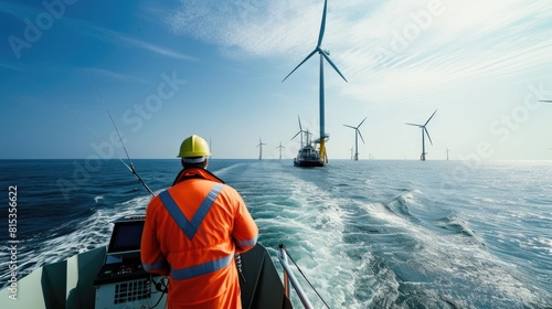 A man observes wind turbines on a boat amidst the vast ocean, with the sky, clouds, and water blending harmoniously. AIG41 © Summit Art Creations
