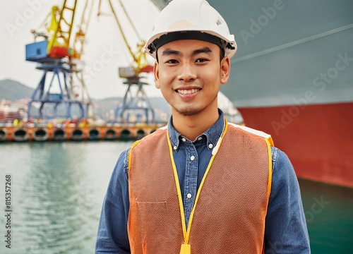 Industrial Engineer in Hard Hats Stand in shipyard photo