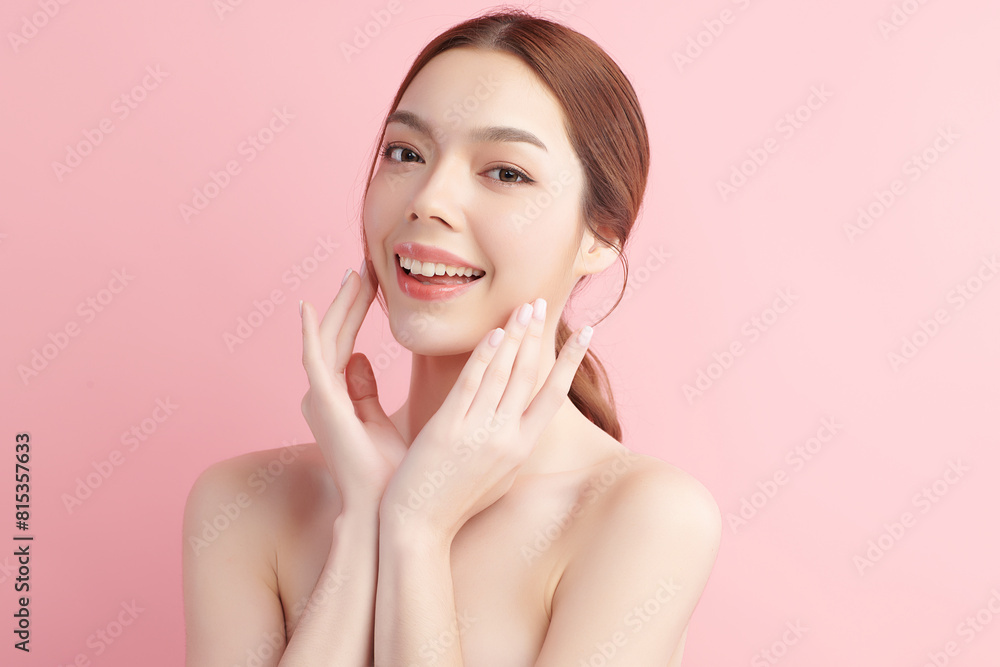 Beautiful young asian woman with clean fresh skin on pink background, Face care, Facial treatment, Cosmetology, beauty and spa, Asian women portrait.