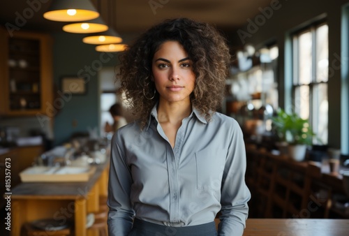 Confident Hostess in Stylish Restaurant Interior