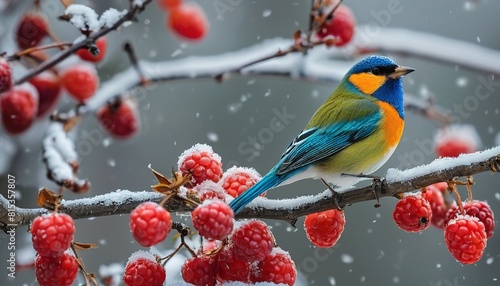 Snowy Snack: A Bird Savors Winter Berries in a Frosted Landscape © Eliane