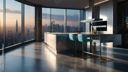 A stylish spacious kitchen and living room set in a futuristic environment