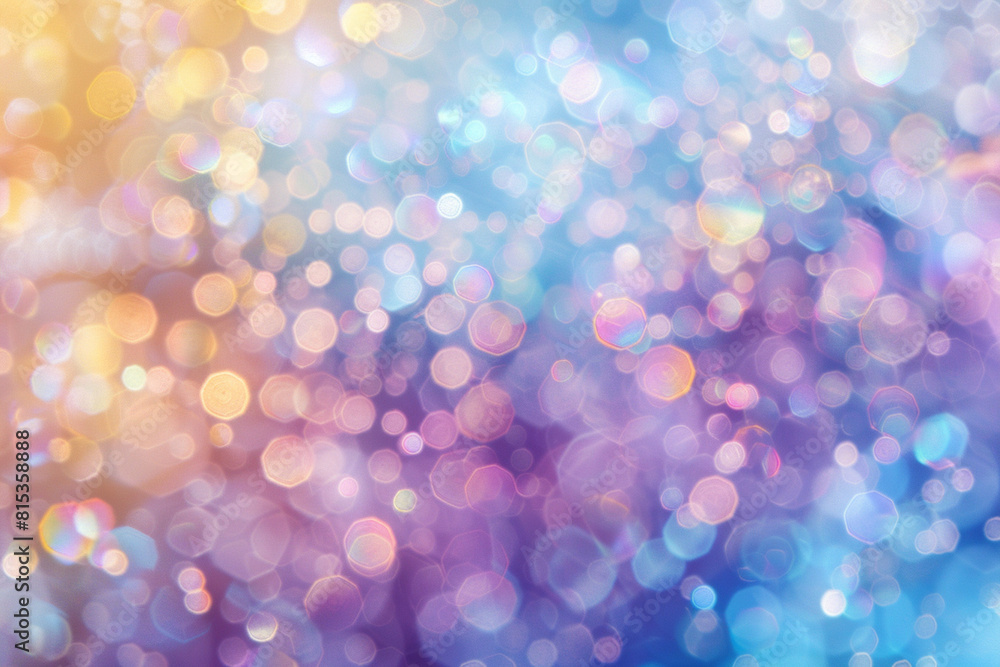 Abstract banner with blurred bokeh effect. They come in a rainbow of pastel purples, blues, golden yellows, silvery whites, and light pinks. The bokeh effect is blended smoothly