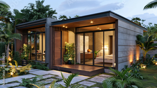 Modern small bungalow house with garden in front, nice landscaping, evening lighting, architectural rendering of the front view.