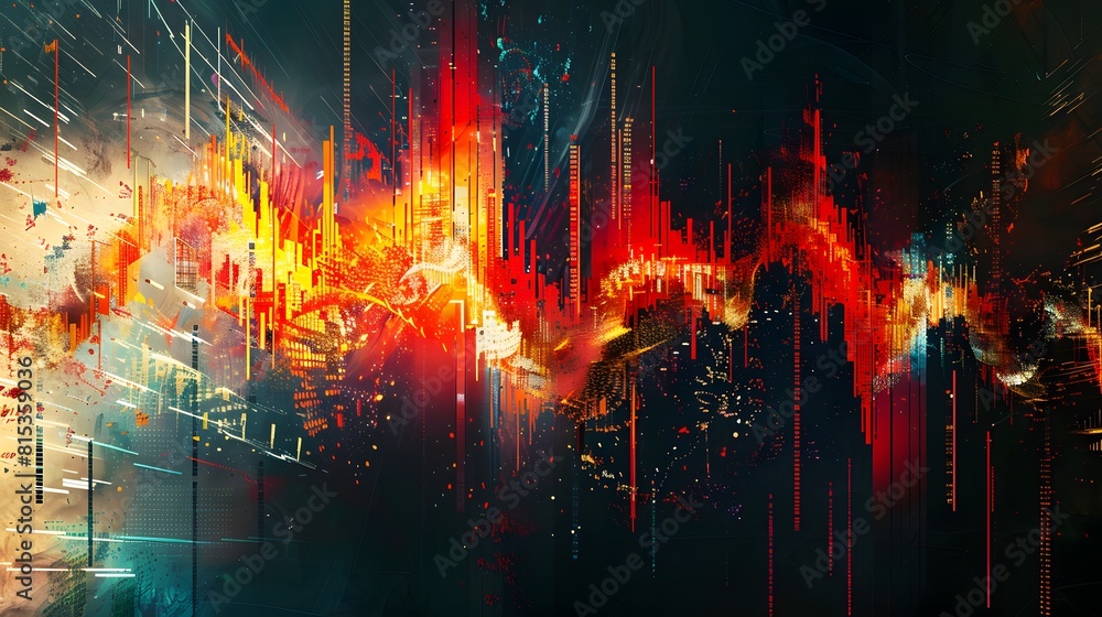 Naklejka premium Abstract digital art of a financial chart in freefall, capturing the essence of economic crash and business failure, with contrasting colors and pixelated effects