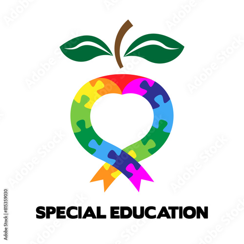 Special Education. Abstract apple puzzle with heart inside  Vector isolated on white background