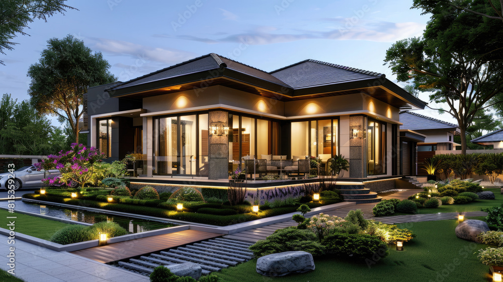 Modern small bungalow house with garden in front, nice landscaping, evening lighting, architectural rendering of the front view.