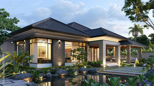 Modern small bungalow house with garden in front, nice landscaping, evening lighting, architectural rendering of the front view. © Kien