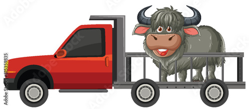 Cartoon yak riding on a flatbed truck