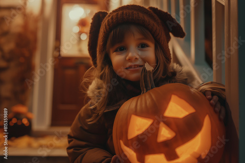 A cute little girl in a brown dog hat is holding a jack-o-lantern. photo