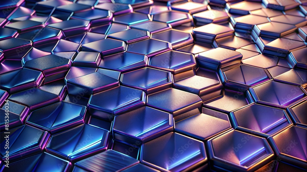A close-up view reveals a pattern of hexagonal shapes with a metallic look that gleams in gradient shades of blue and purple, creating a sense of depth and technology. A close-up view reveals a pattern of hexagonal shapes with a metallic look that gleams in gradient shades of blue and purple, creating a sense of depth and technology.