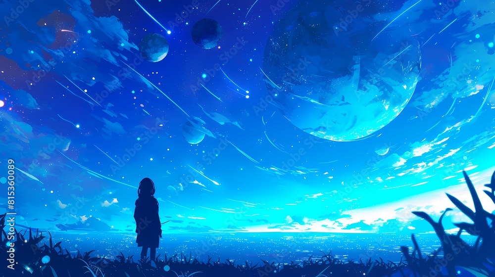 Fototapeta premium Digital technology universe planet character scene poster background