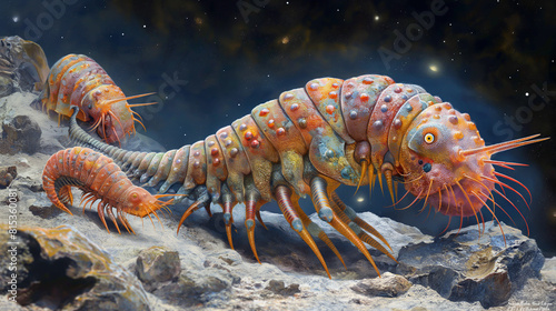 A group of colorful alien creatures with many legs explore a rocky moon. photo