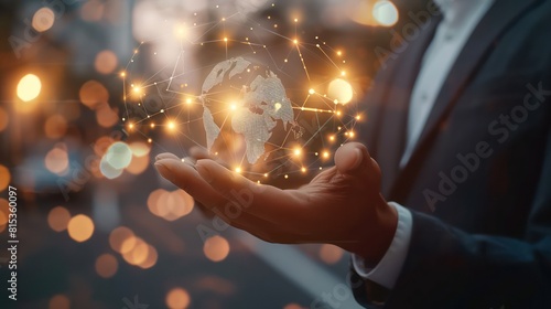 A neatly dressed businessman with a holographic projection of a bright, glowing earth signifying global connectivity and economy