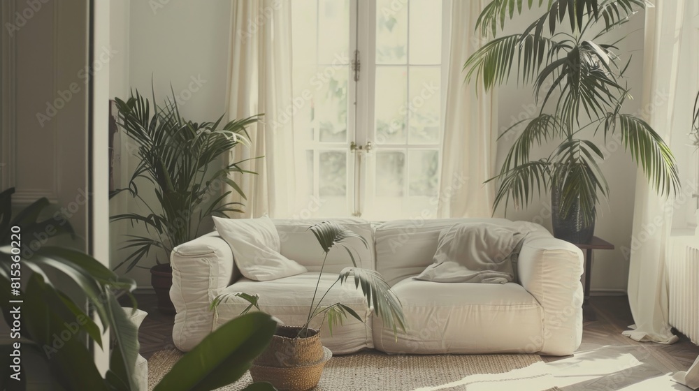 Naklejka premium Great as Interior Furniture Design Inspiration Minimal Modern Elegant Neutral Cozy White Scandinavian Living Room with Sofa and Plants Soft Earthy Colors 